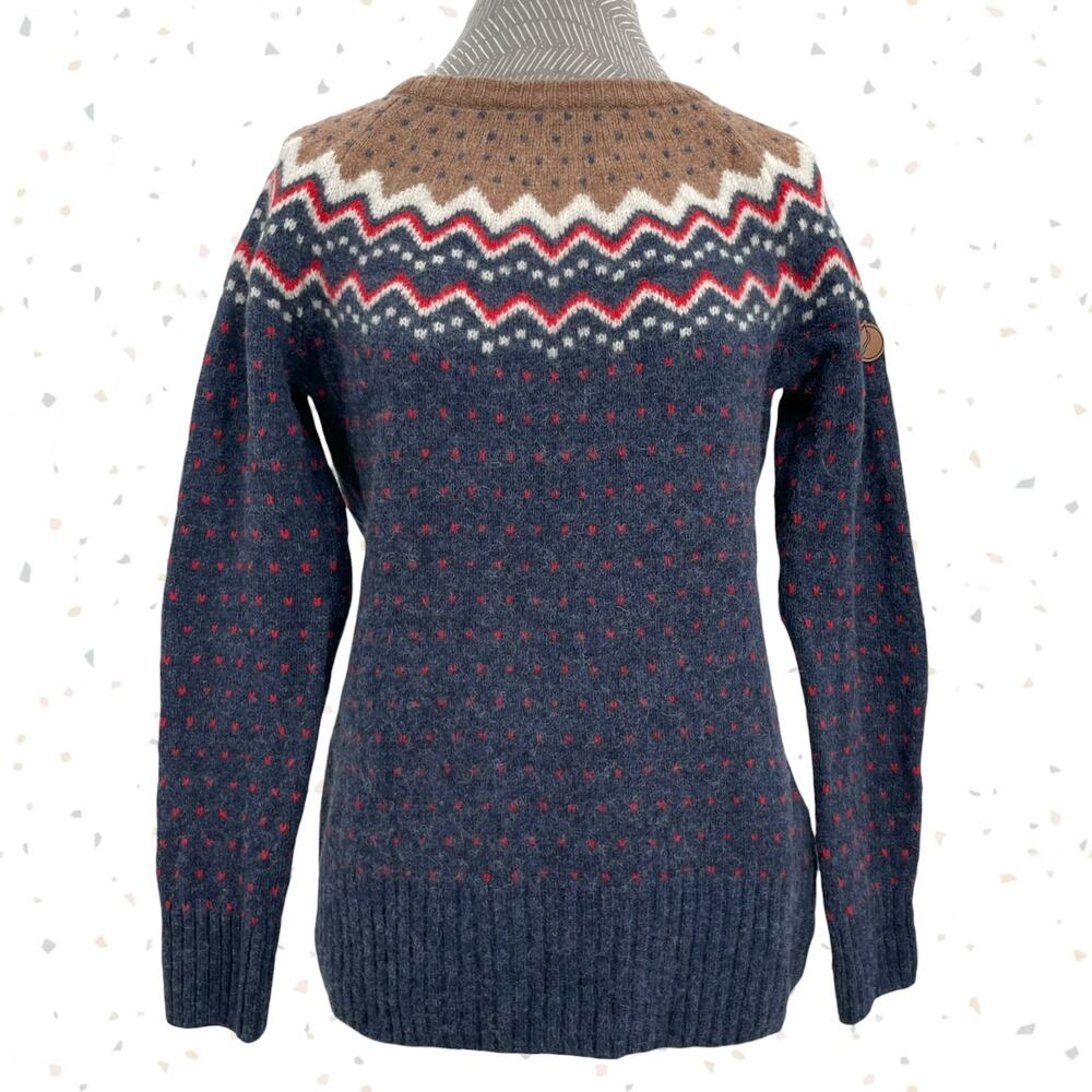 Fjallraven Ovik Knit Sweater Navy Blue Tan Wool Nordic Winter Pullover Size S